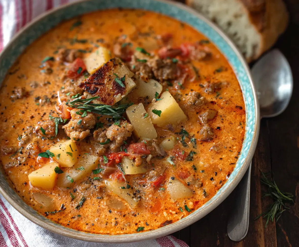 Creamy Italian sausage and potato soup in a bowl garnished with fresh herbs, perfect for a hearty meal.