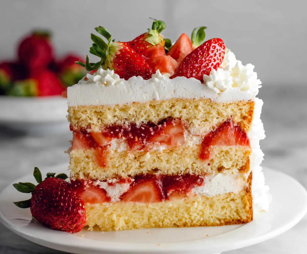 Delicious layered strawberry shortcake cake with fresh strawberries and creamy frosting