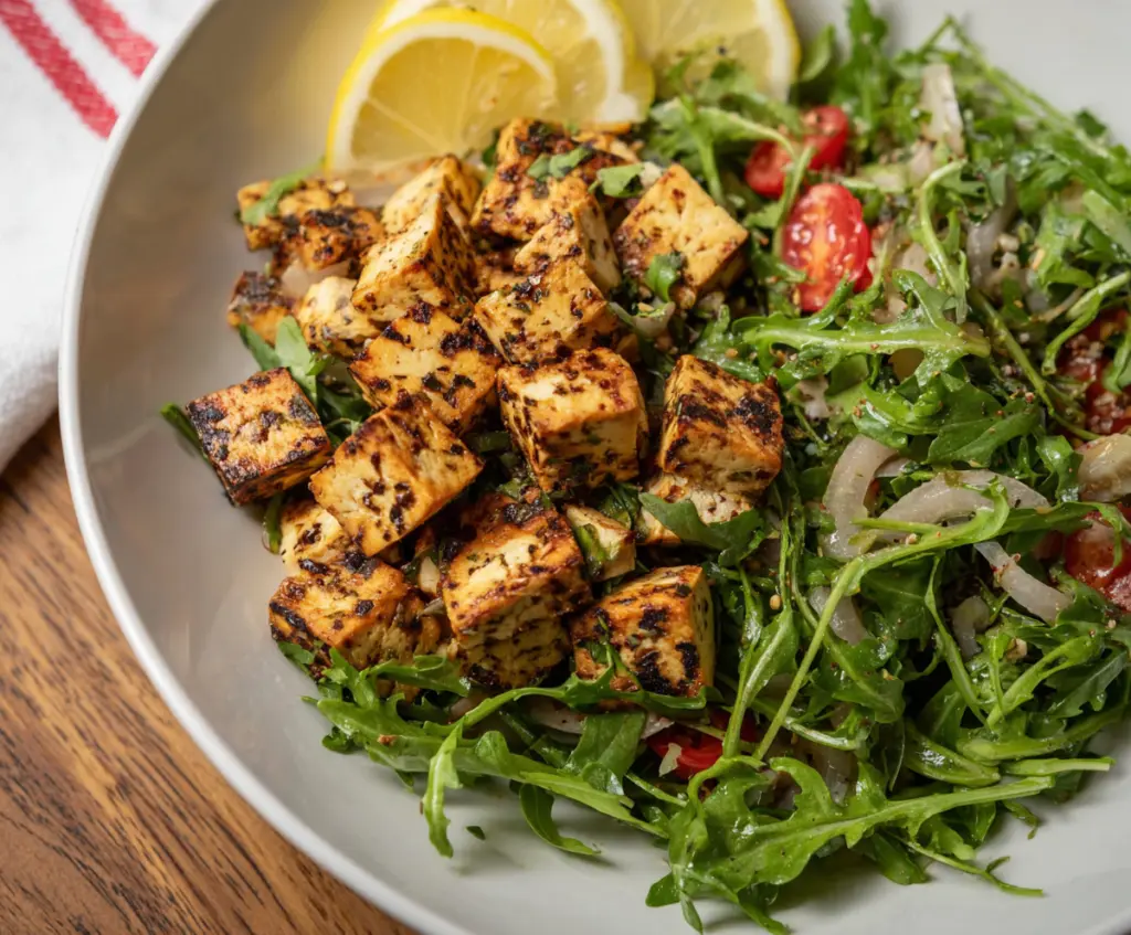 Delicious Lemon-Garlic Tofu served with fresh arugula salad on a plate.