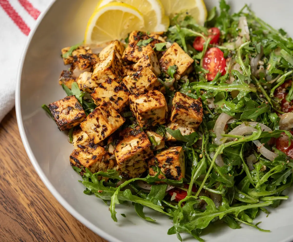 Delicious Lemon-Garlic Tofu served with fresh arugula salad on a plate.