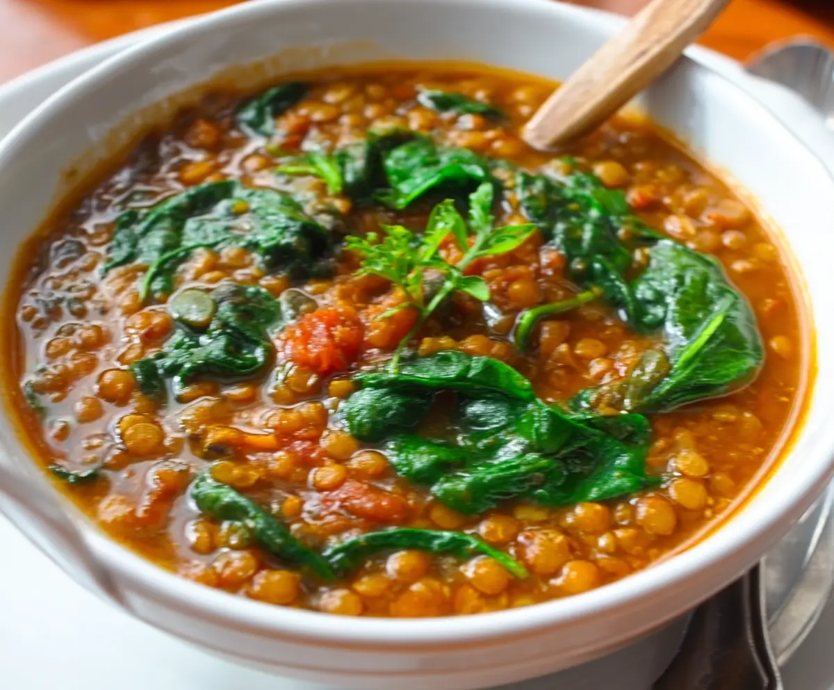 Healthy lentil and spinach soup in a bowl, perfect for a nutritious meal.