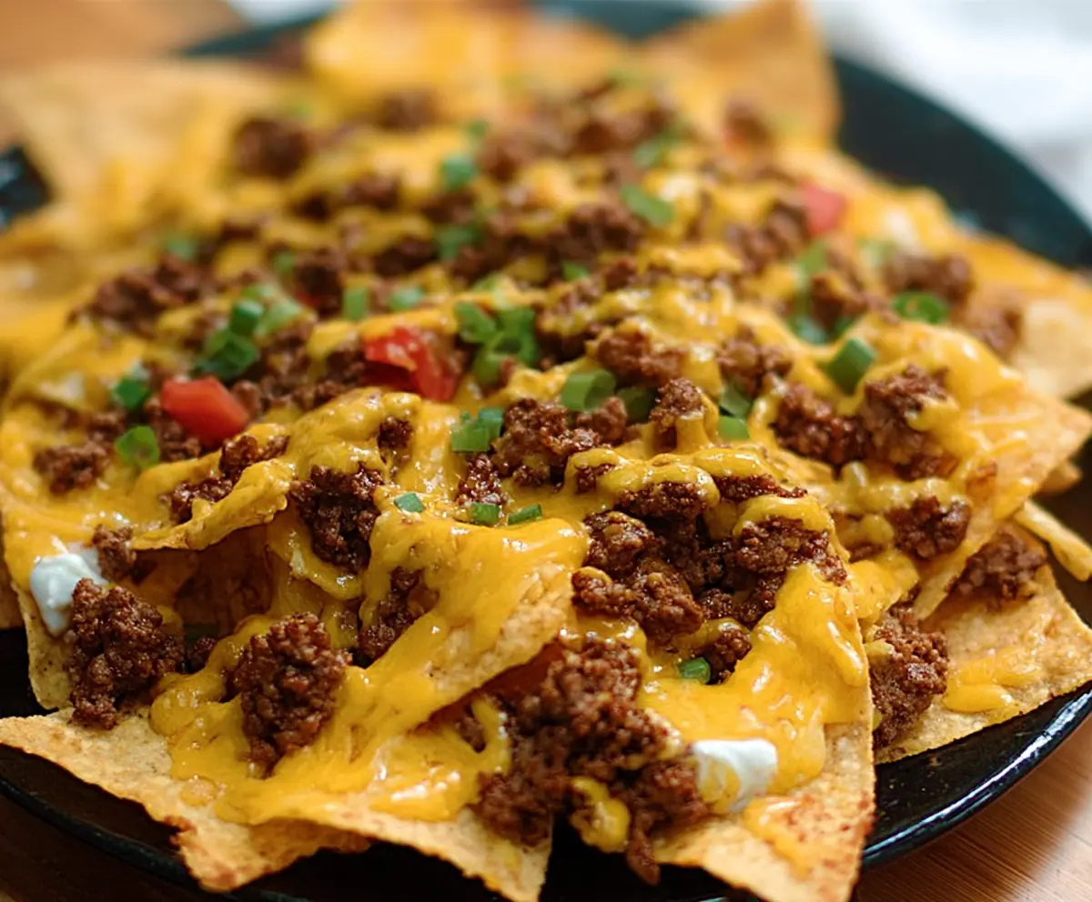 Delicious loaded nachos topped with seasoned ground beef, melted cheese, and fresh toppings.