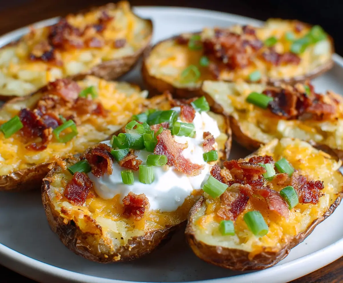 Delicious loaded potato skins topped with cheese, bacon, and green onions.