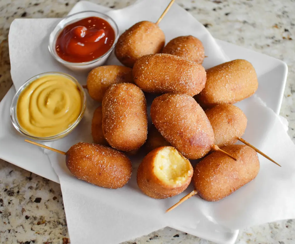 Golden mini corn dogs served with mustard on a wooden platter, perfect for snacks and parties.