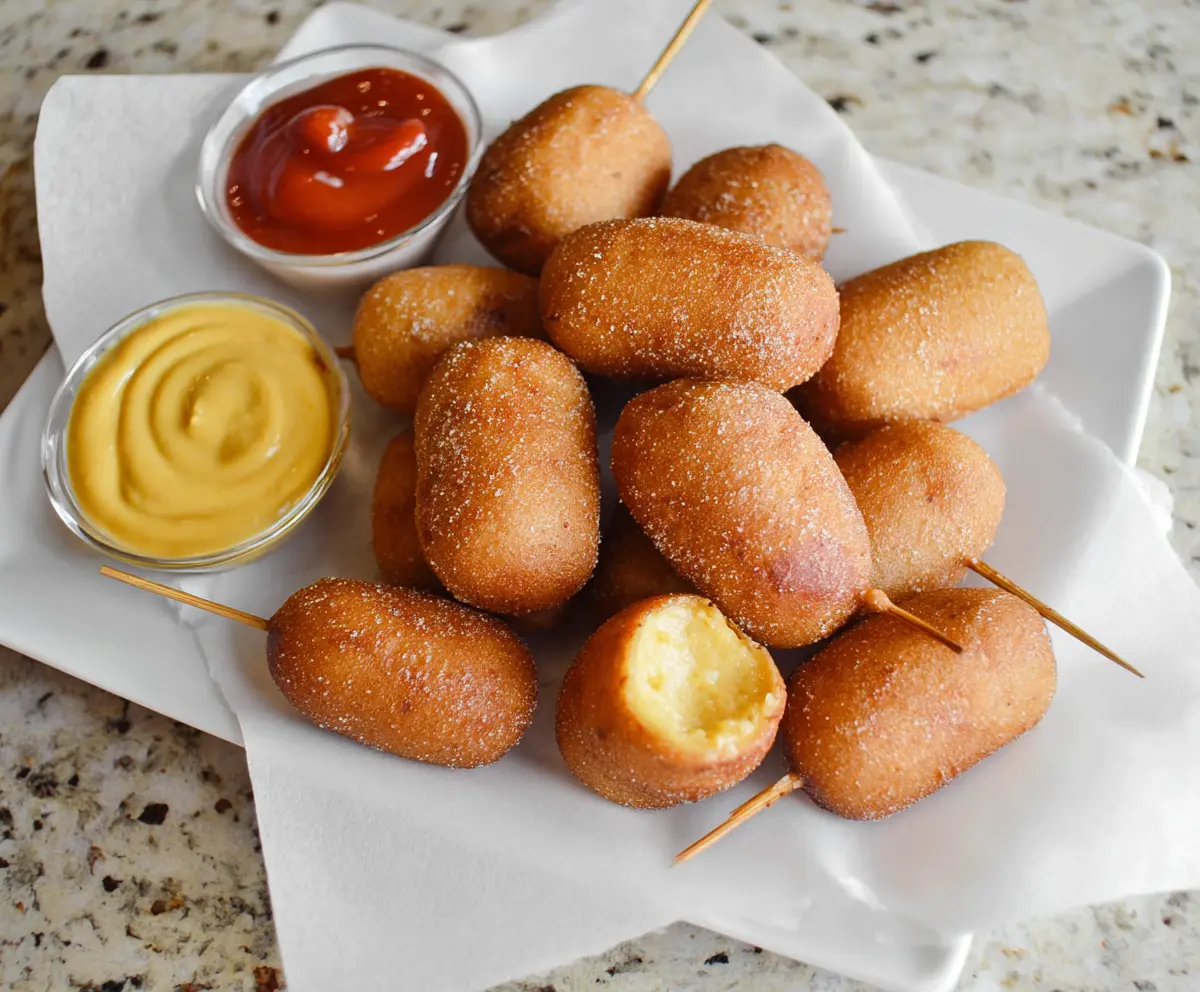 Golden mini corn dogs served with mustard on a wooden platter, perfect for snacks and parties.
