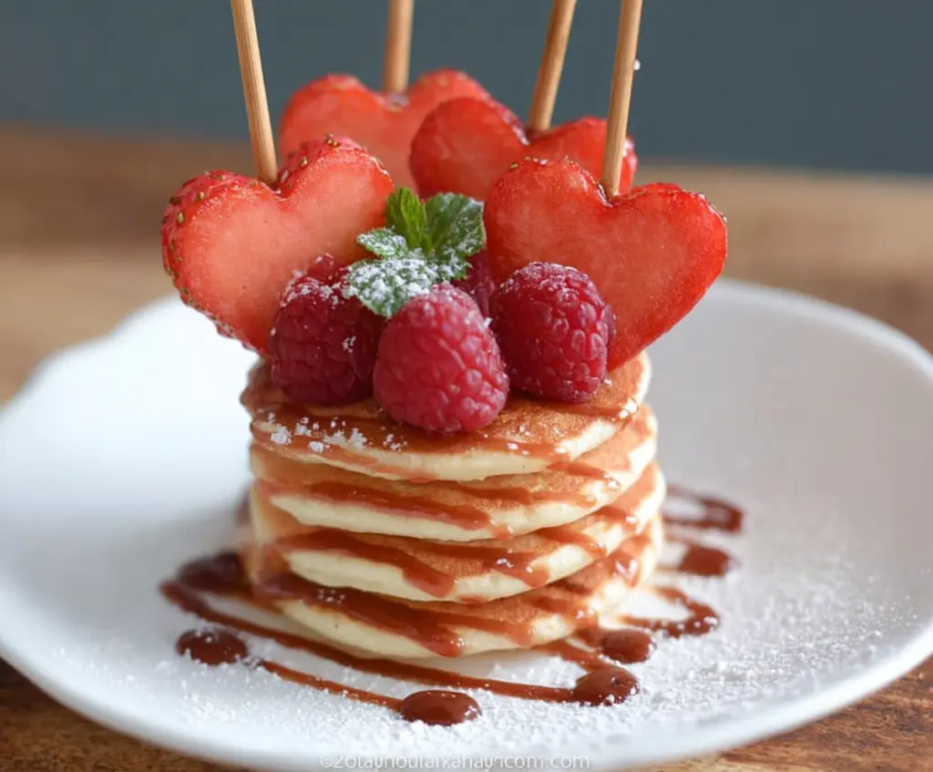 Delicious Mini Heart Pancake Stacks topped with fresh berries and syrup for a sweet breakfast treat.