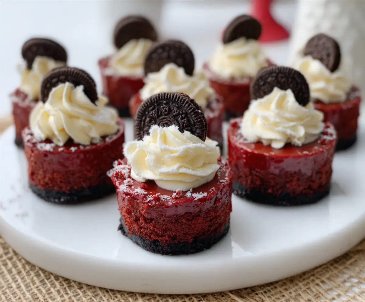 Delicious mini red velvet cheesecakes topped with cream cheese frosting on a beautiful plate.