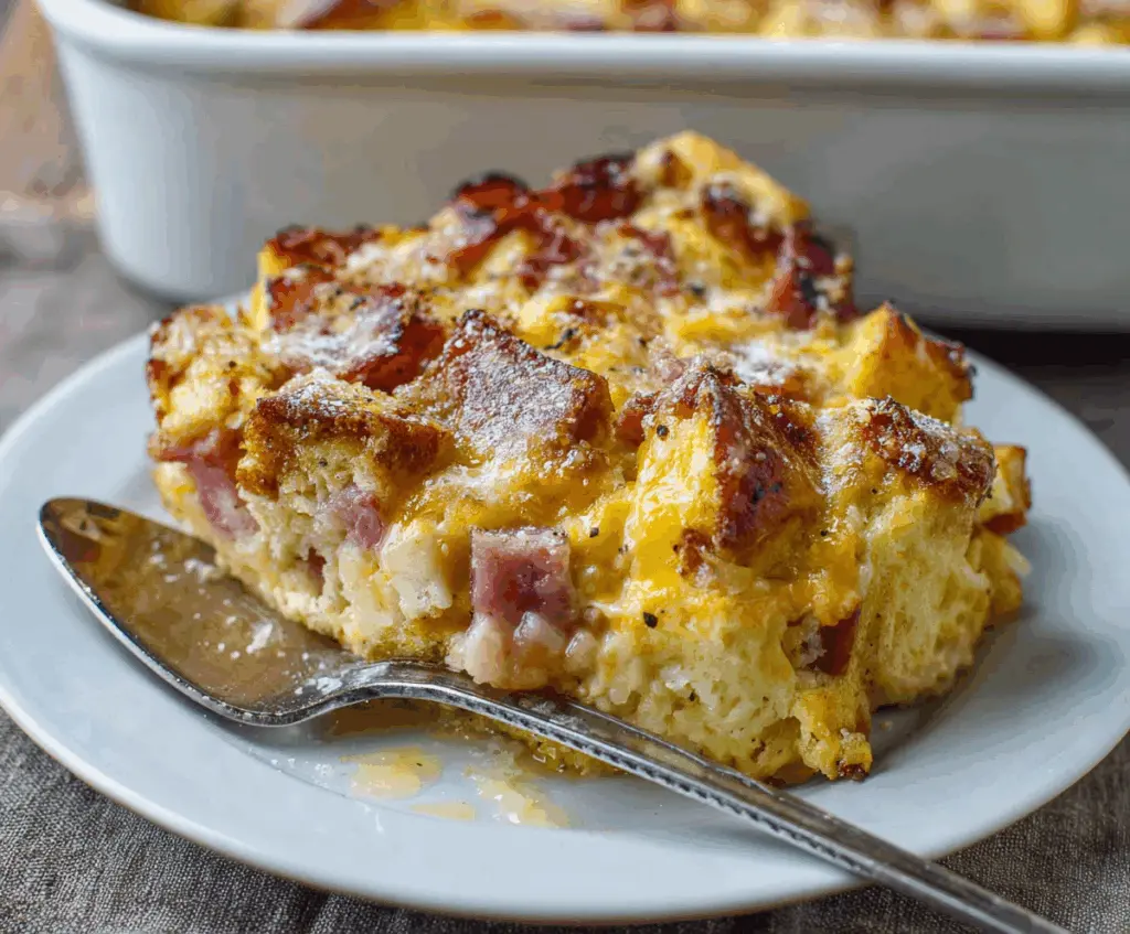 Delicious Monte Cristo Breakfast Casserole topped with melted cheese and fresh herbs, perfect for a hearty breakfast meal.