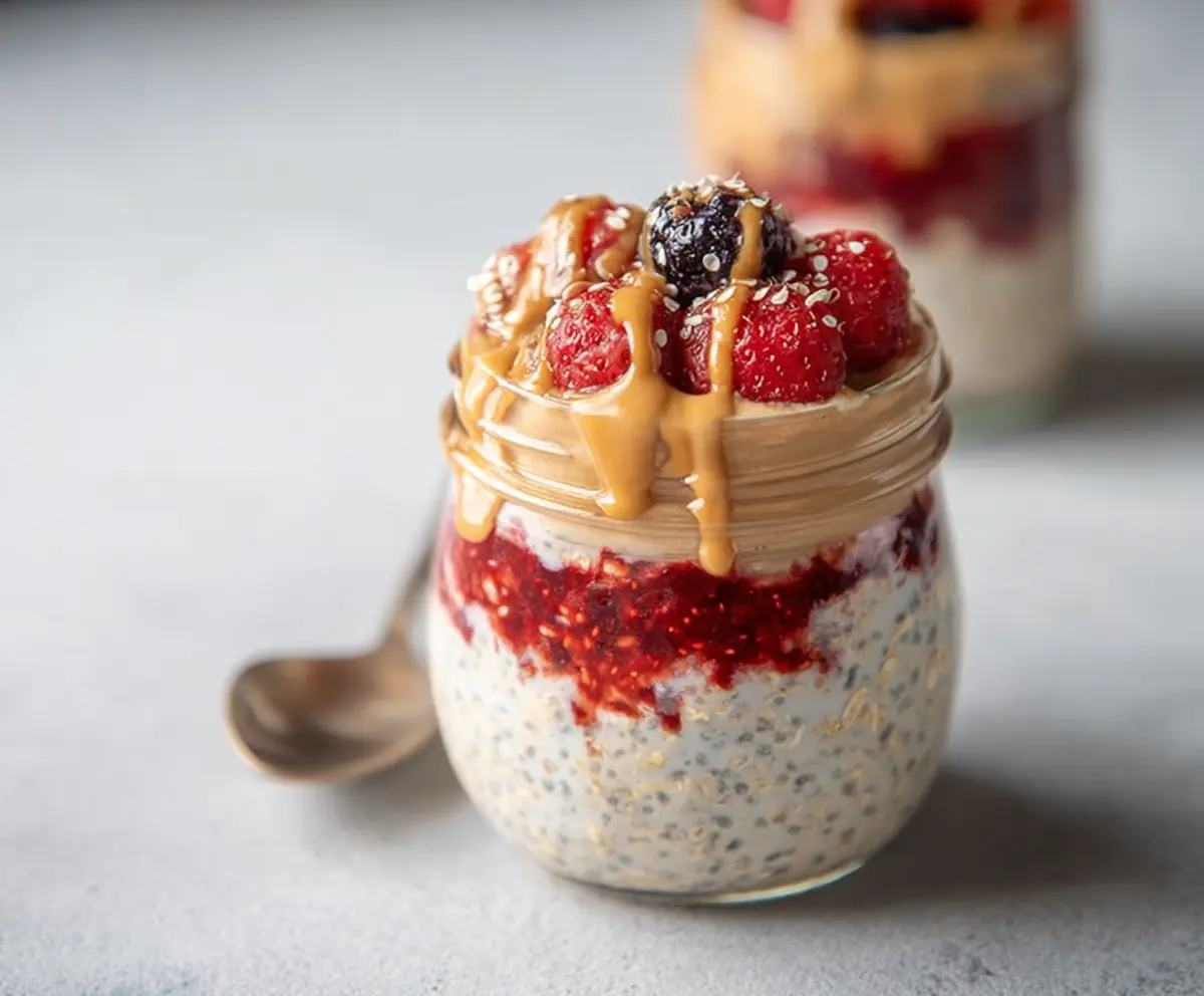 Creamy peanut butter and fruity jelly overnight oats in a glass jar for a nutritious breakfast