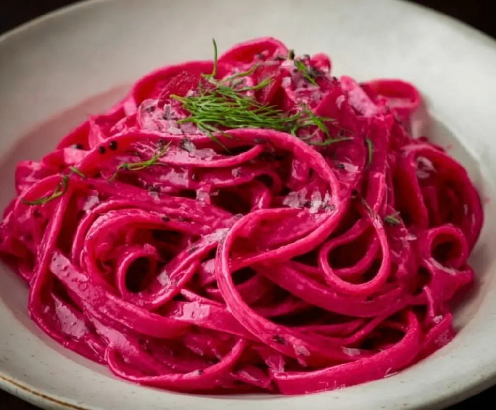 Vibrant pink pasta topped with creamy beet sauce and fresh herbs