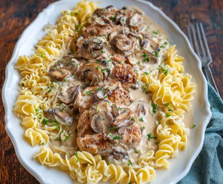 Pork Tenderloin in Creamy Mushroom Sauce with Pasta