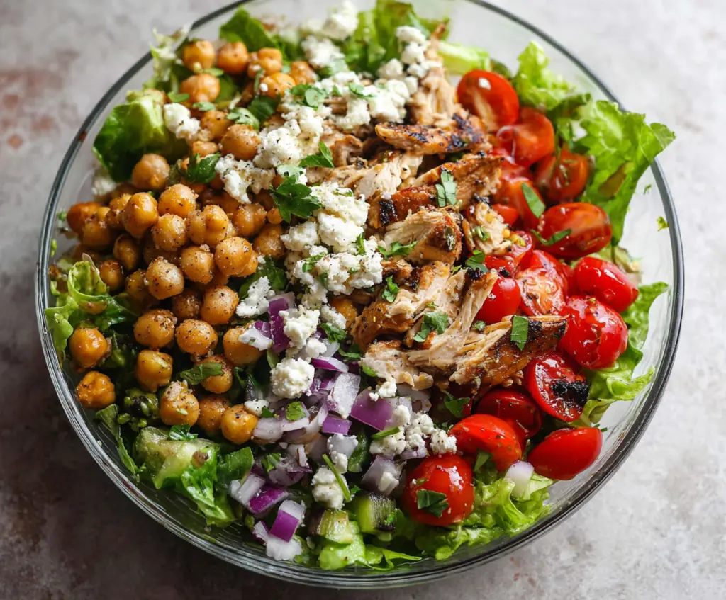 Healthy protein-packed chickpea chicken salad with fresh vegetables and herbs.