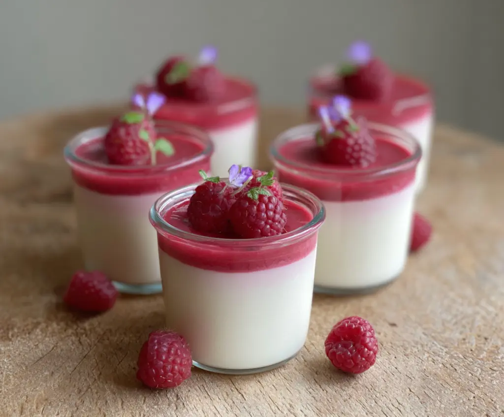 Delicious Raspberry Rose Panna Cotta Cups garnished with fresh raspberries and edible rose petals.