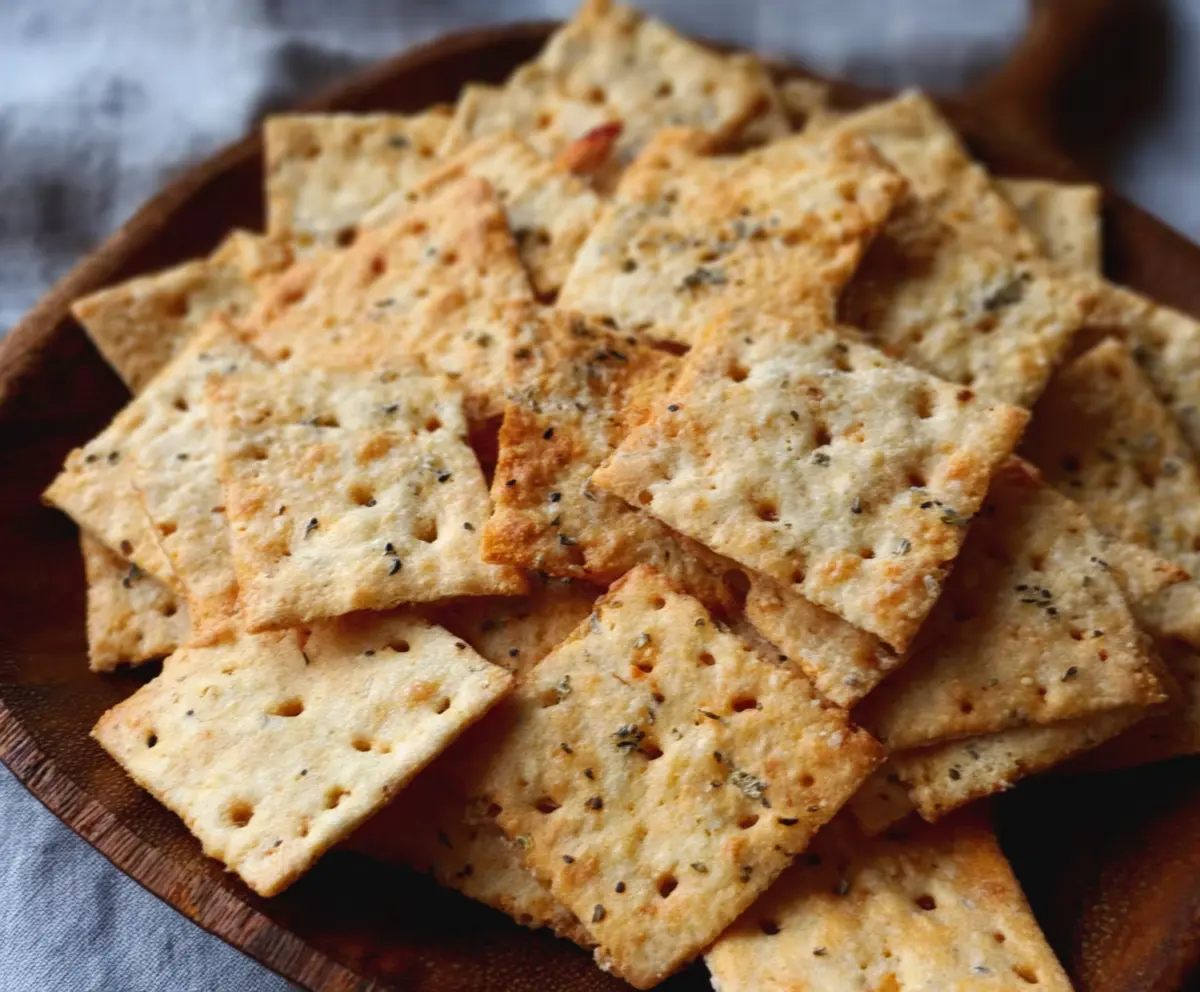 Crispy homemade sourdough discard crackers on a wooden board with seeds and herbs.