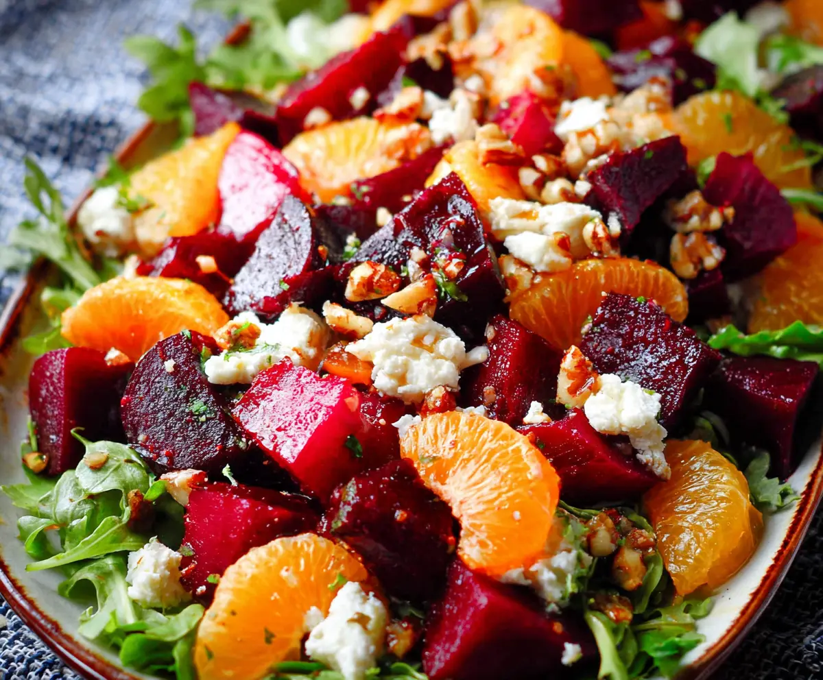 Colorful roasted beet and orange winter salad in a bowl, highlighting fresh ingredients and vibrant seasonal flavors.