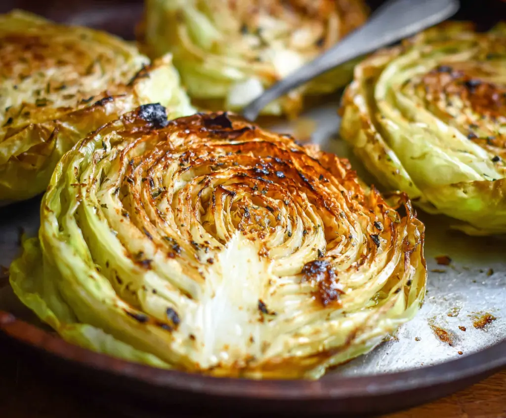 Image of roasted cabbage steaks seasoned and cooked to golden perfection on a baking sheet.