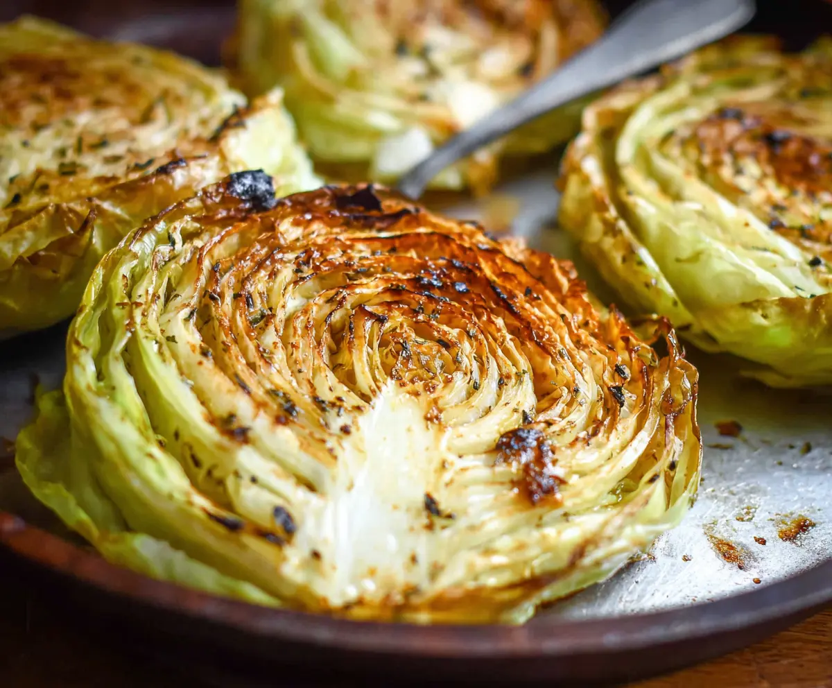 Image of roasted cabbage steaks seasoned and cooked to golden perfection on a baking sheet.