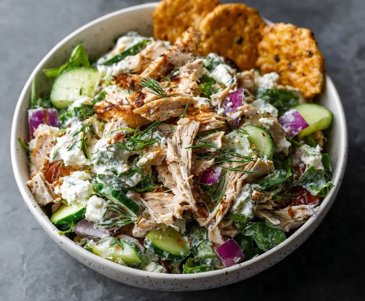 Delicious rotisserie chicken salad with fresh vegetables and creamy dressing, perfect for a healthy meal.