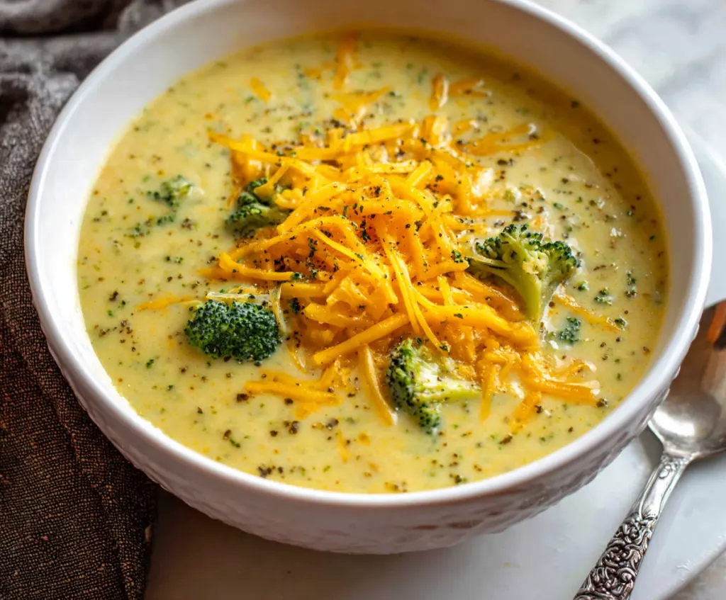 Delicious savory cheddar broccoli potato stew served in a bowl, showcasing creamy texture and fresh ingredients.