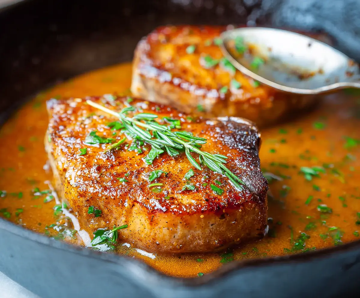 Juicy skillet pork chops cooked to perfection served with fresh herbs and vegetables.