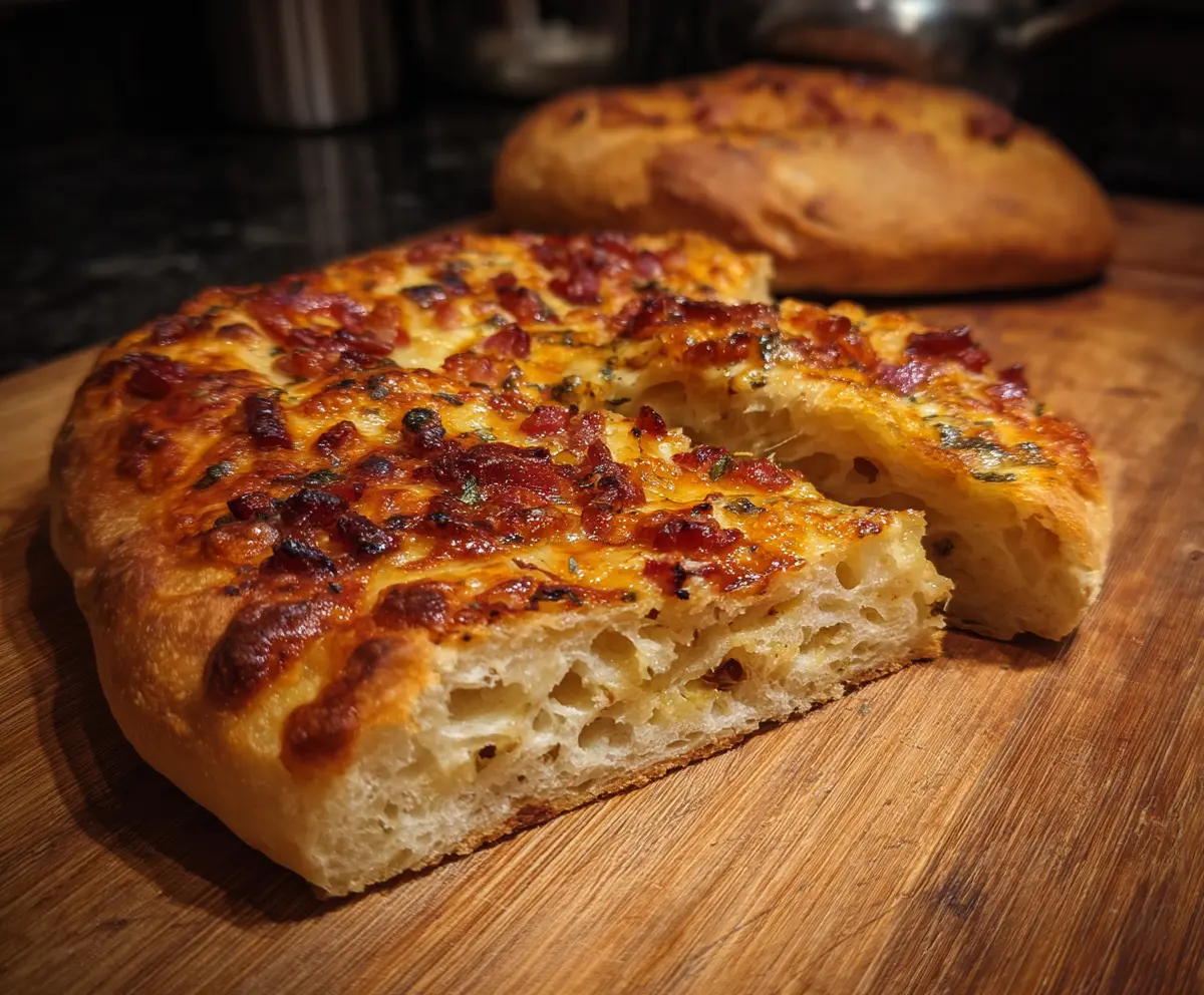 Homemade sourdough discard pizza dough ready for baking, showcasing a rustic bread base.
