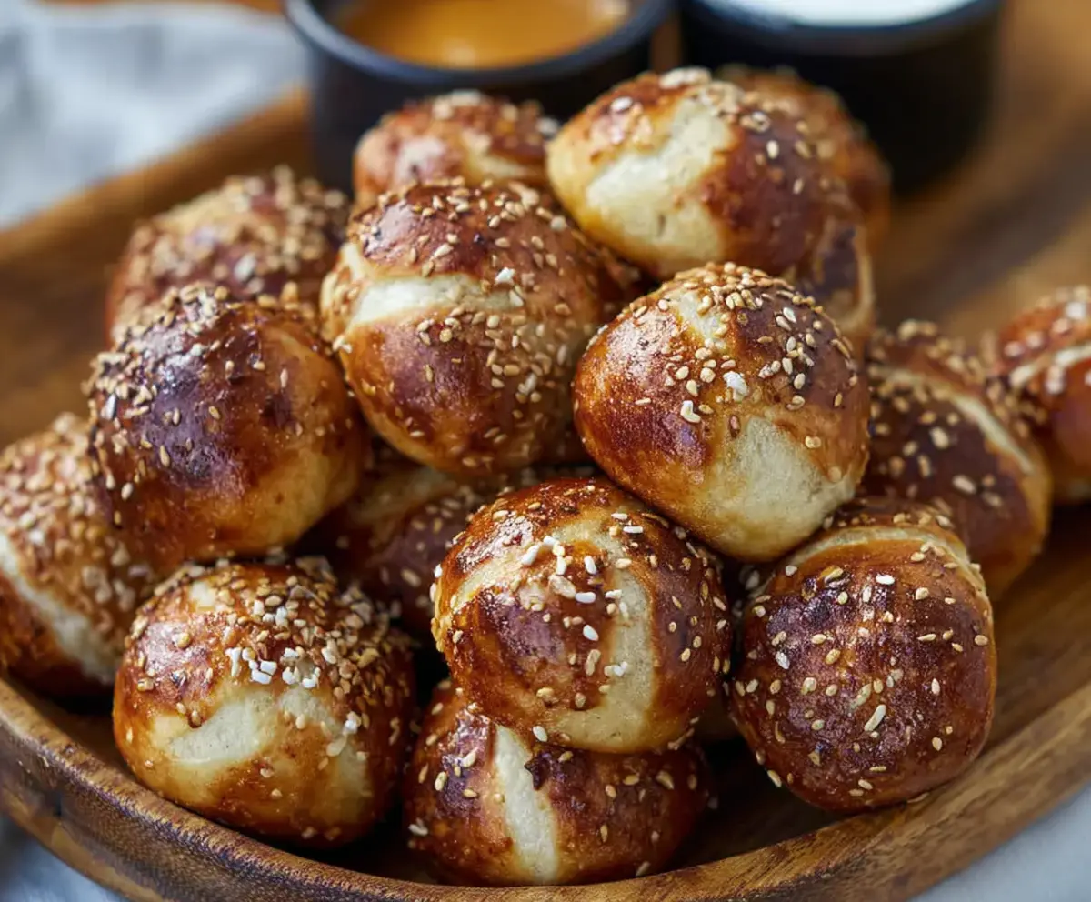Close-up of freshly baked sourdough discard soft pretzel bites arranged on a plate, showcasing their golden-brown, soft texture.