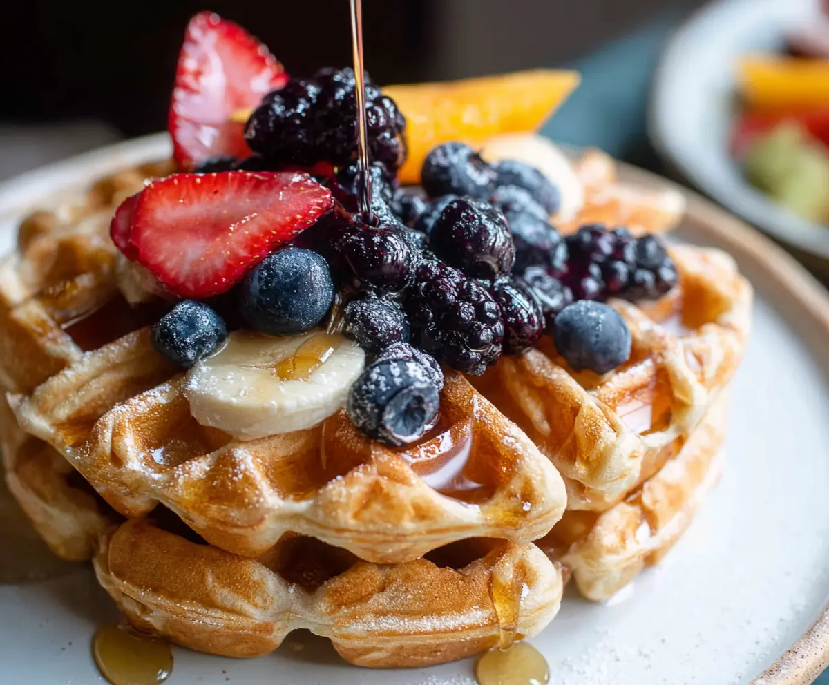 Golden sourdough discard waffles served with fresh berries on a breakfast plate.