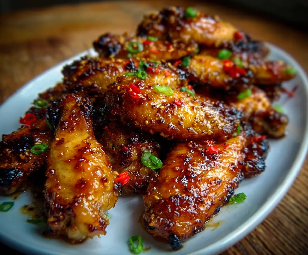 Delicious sticky pineapple-teriyaki chicken wings garnished with fresh herbs on a plate.