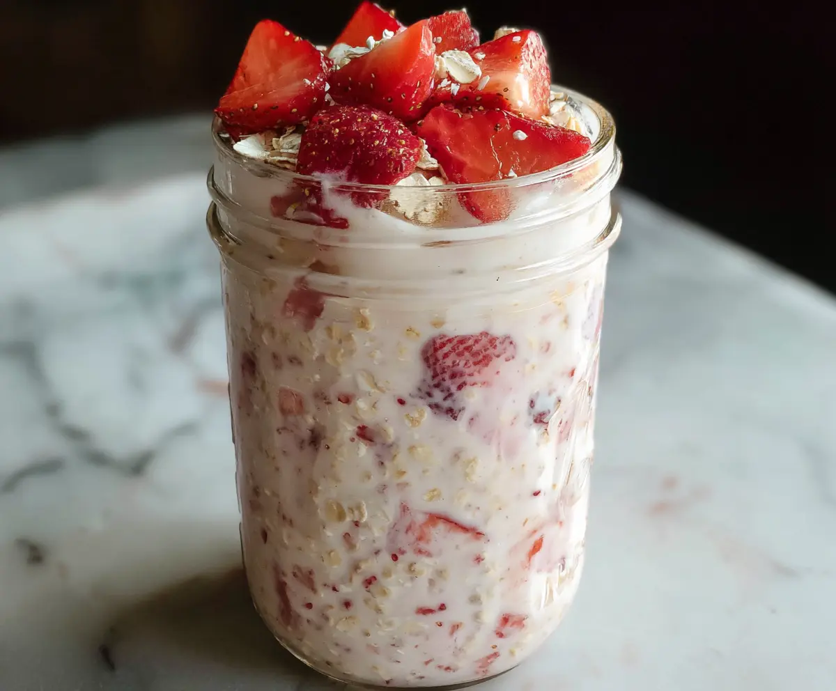 Creamy overnight oats topped with fresh strawberries for a healthy breakfast option.