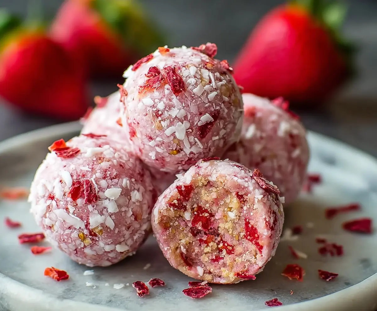 Delicious strawberry cheesecake protein balls packed with protein and fresh strawberries