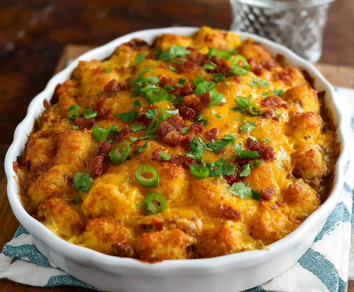 Delicious Tater Tot Sausage Breakfast Casserole baked for a hearty morning meal