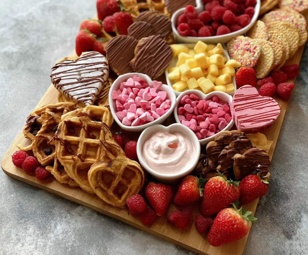 Delicious Valentine's Day waffle board with fresh fruit, chocolate toppings, and festive decorations for a romantic breakfast or brunch.