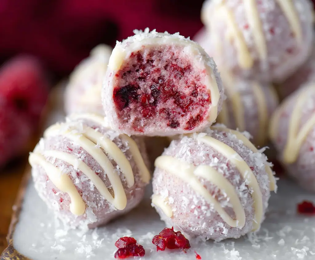 Delicious white chocolate raspberry truffles garnished with fresh raspberries and cocoa powder