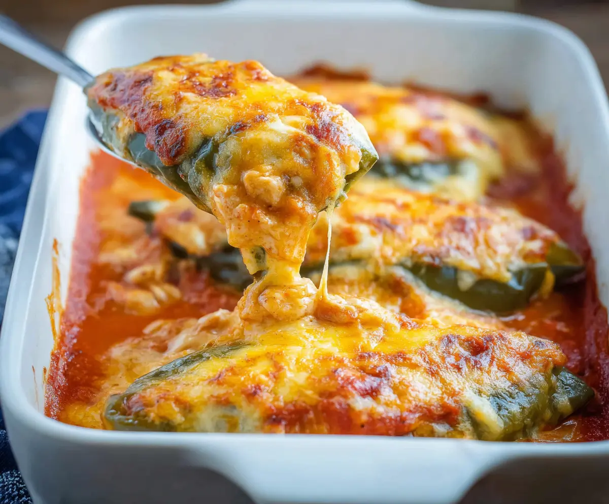Delicious baked chicken chili relleno with melted cheese and vibrant peppers on a white plate.