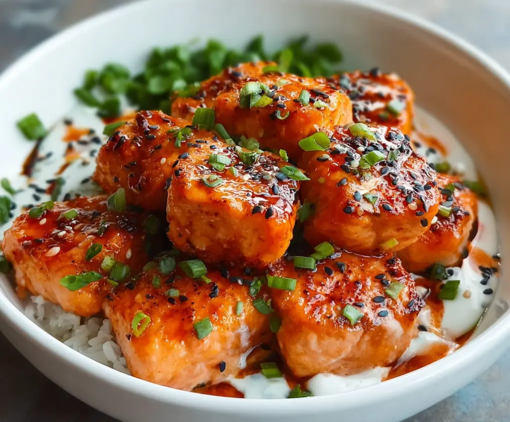 Delicious Bang Bang Salmon Bites served in a bowl with fresh vegetables and spicy sauce.
