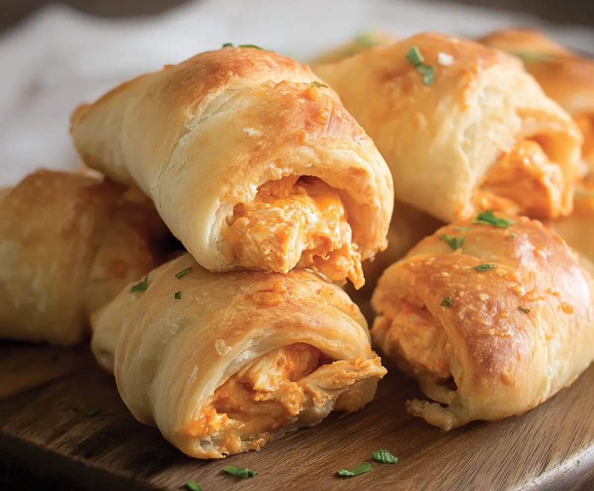 Delicious Buffalo Chicken Crescent Rolls topped with spicy buffalo sauce and melted cheese