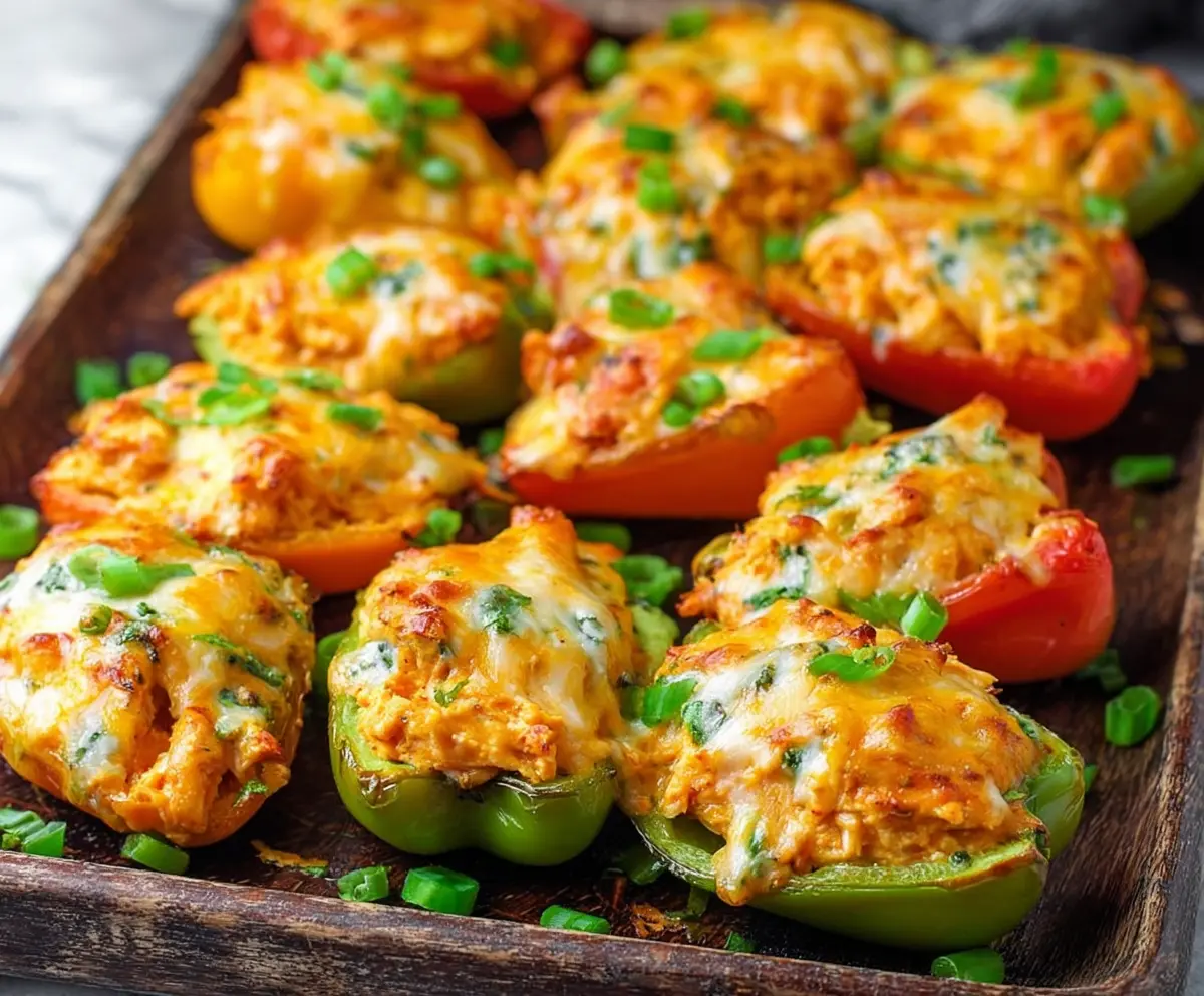 Delicious buffalo chicken dip stuffed mini peppers served as a spicy appetizer.