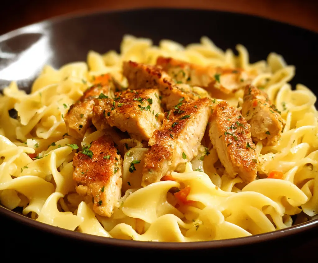 Delicious Chicken Buttered Noodles served in a bowl, showcasing a creamy butter sauce and tender chicken pieces.