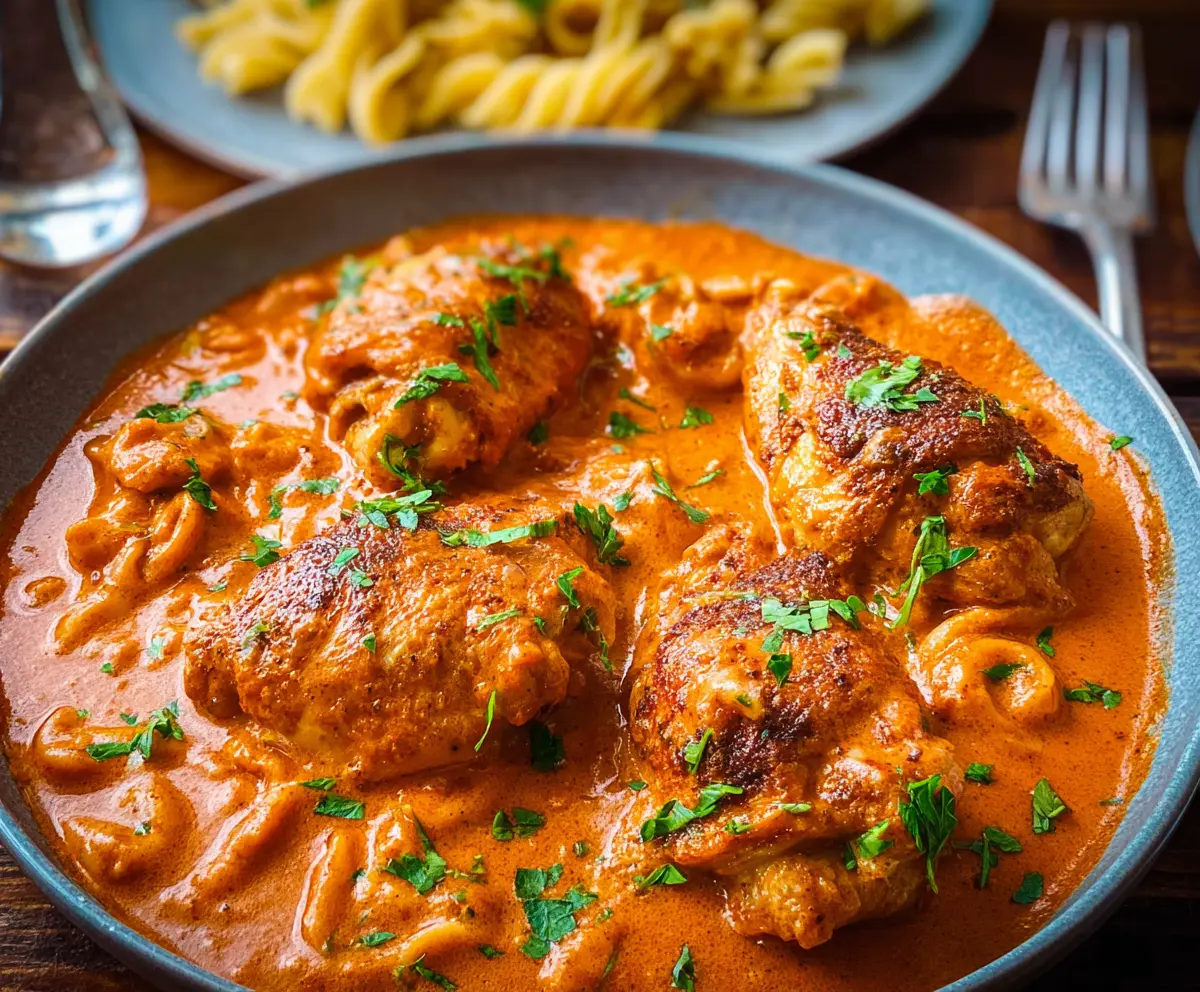 Delicious Chicken Paprikash served with vibrant paprika sauce and tender chicken pieces.