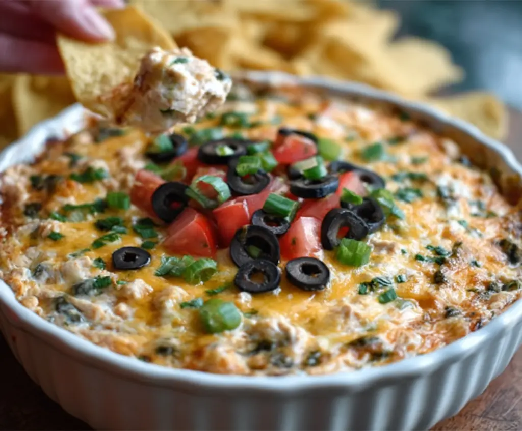 Delicious chicken taco dip in a serving bowl with fresh toppings for a flavorful appetizer.