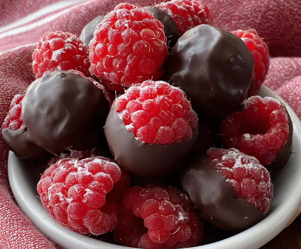 Delicious chocolate-covered raspberries with a glossy coating and vibrant red fruit underneath.