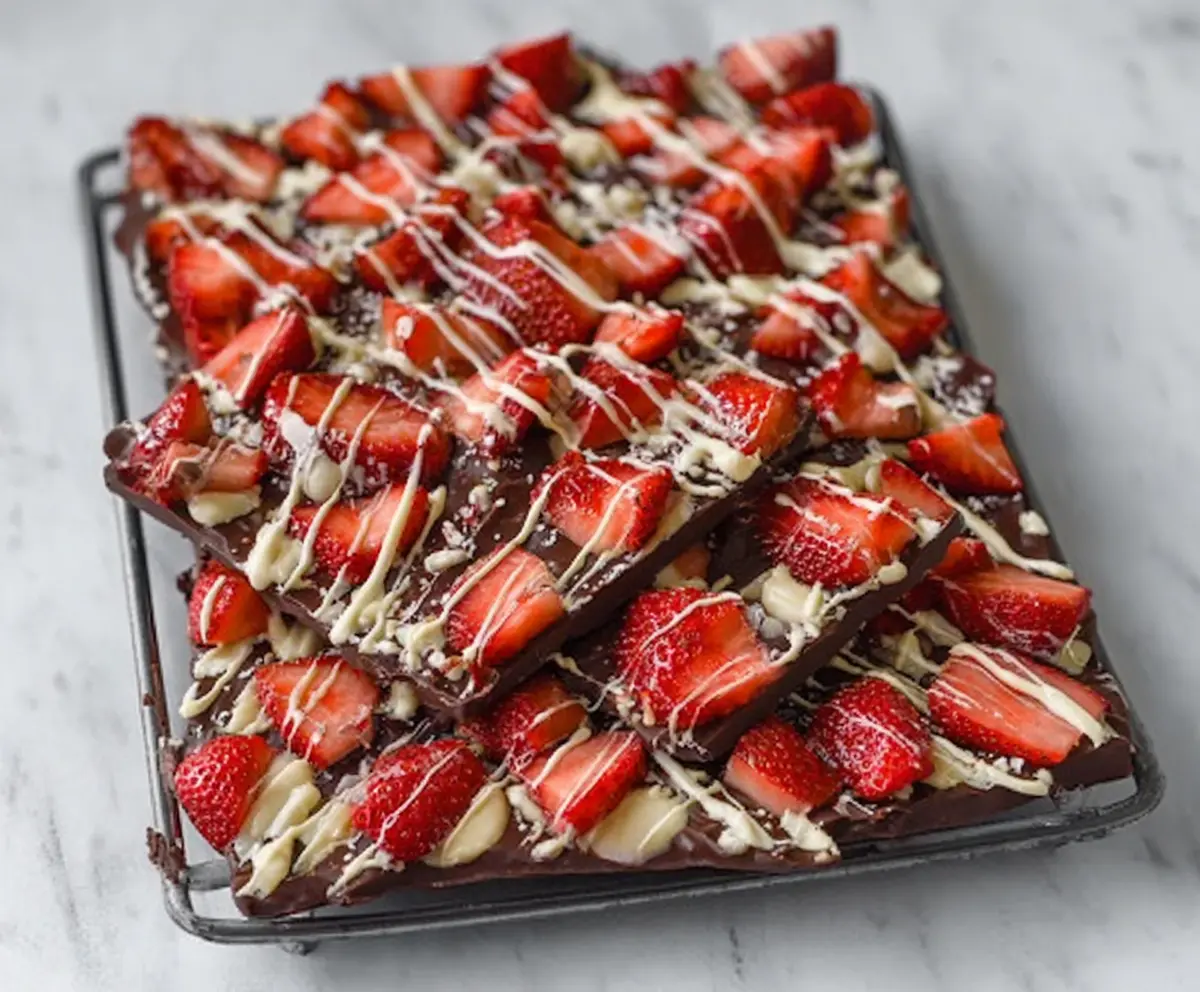 Delicious chocolate-covered strawberry bark with fresh strawberries and smooth dark chocolate.