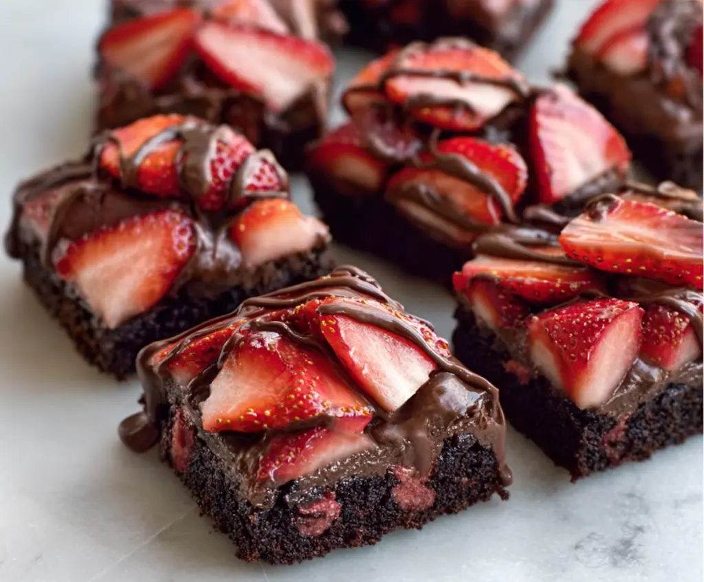 Delicious chocolate covered strawberry brownies with fresh strawberries and glossy chocolate coating