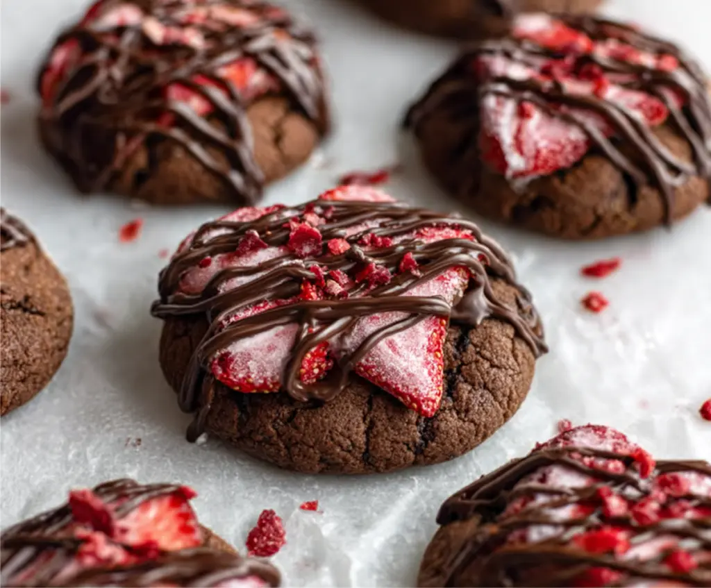Delicious chocolate covered strawberry cookies with fresh strawberries and a glossy chocolate coating.