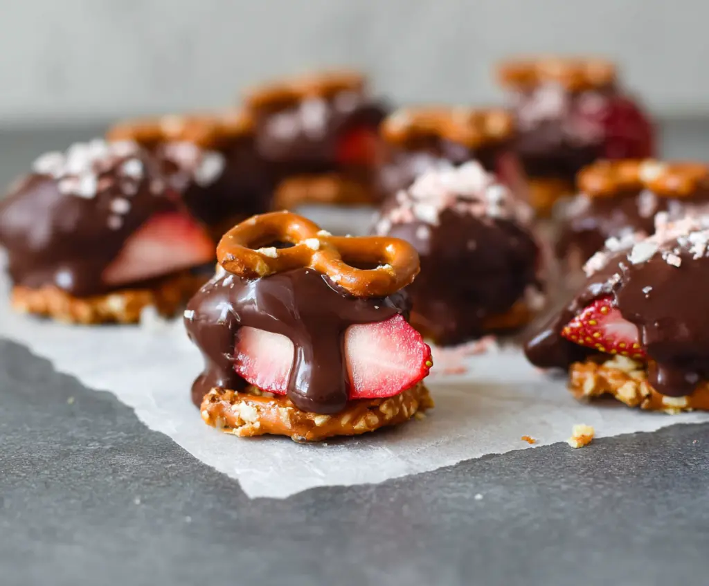 Delicious chocolate-dipped strawberry pretzel bites on a white plate, perfect for parties and snacks