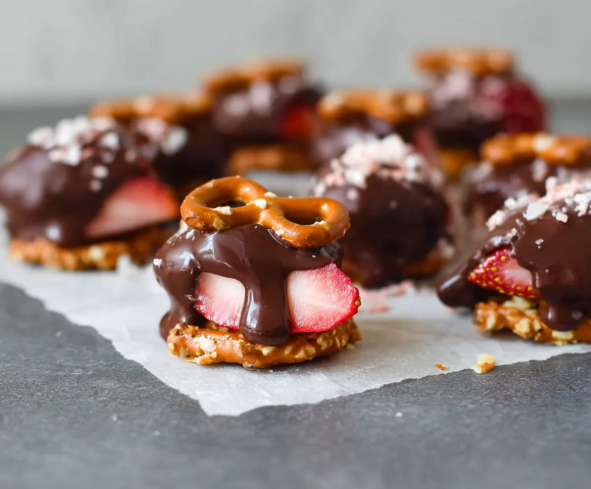 Delicious chocolate-dipped strawberry pretzel bites on a white plate, perfect for parties and snacks