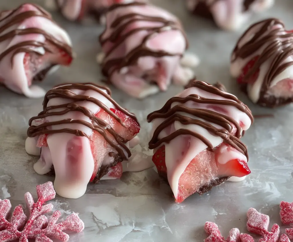 Delicious chocolate strawberry yogurt bites on a plate, featuring creamy yogurt and fresh strawberries dipped in rich chocolate.