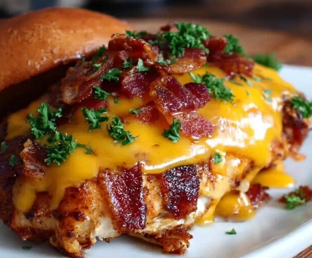 Juicy Cowboy BBQ Bacon Cheddar Chicken with melted cheese and crispy bacon on top.
