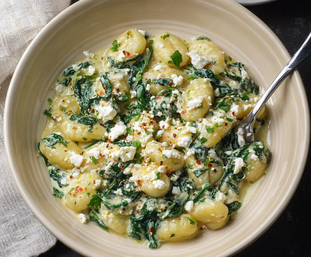 Delicious creamy gnocchi with fresh spinach and crumbled feta cheese on a white plate.