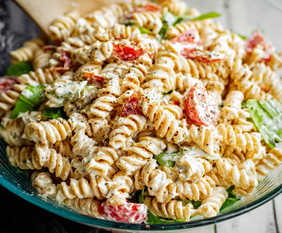 Delicious creamy pasta salad with fresh vegetables and herbs, perfect for summer gatherings